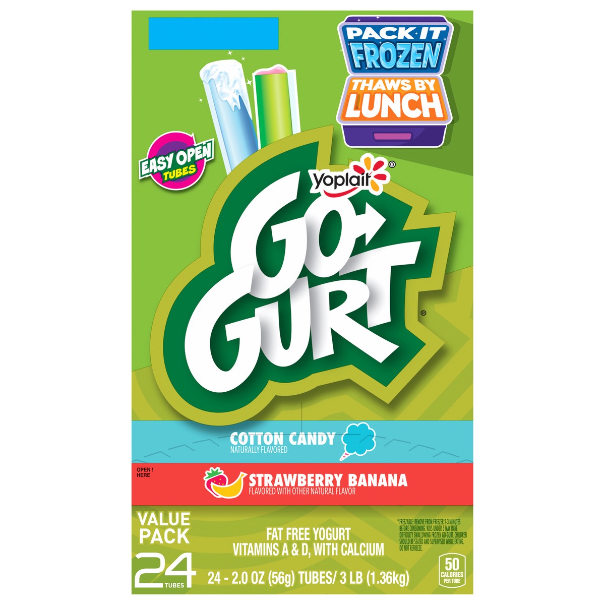slide 1 of 11, Go-GURT Cotton Candy and Strawberry Banana Kids Fat Free Yogurt Variety Pack, Gluten Free, 2 oz Yogurt Tubes (24 Count), 24 ct