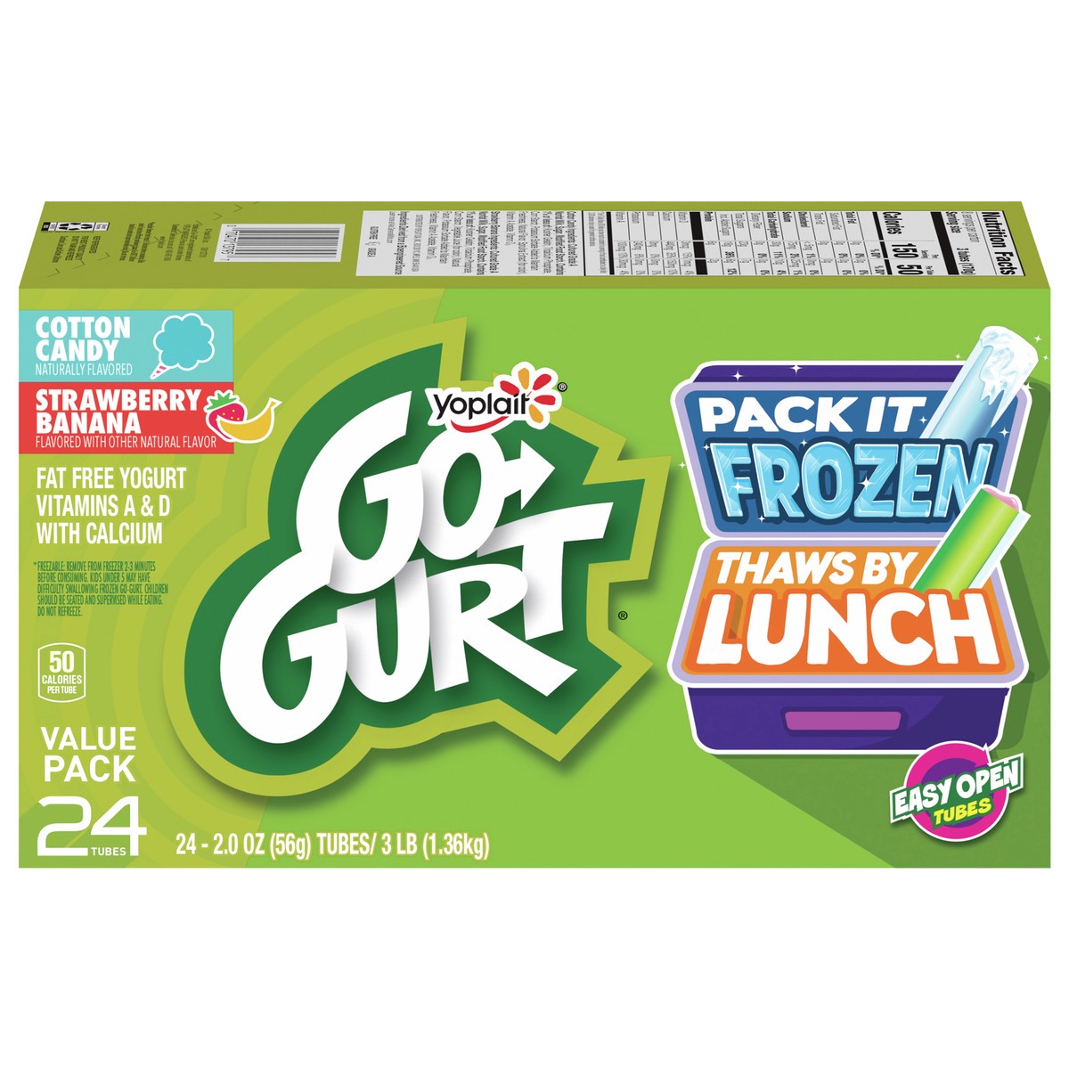 slide 1 of 11, Go-GURT Cotton Candy and Strawberry Banana Kids Fat Free Yogurt Variety Pack, Gluten Free, 2 oz. Yogurt Tubes (24 Count), 24 ct