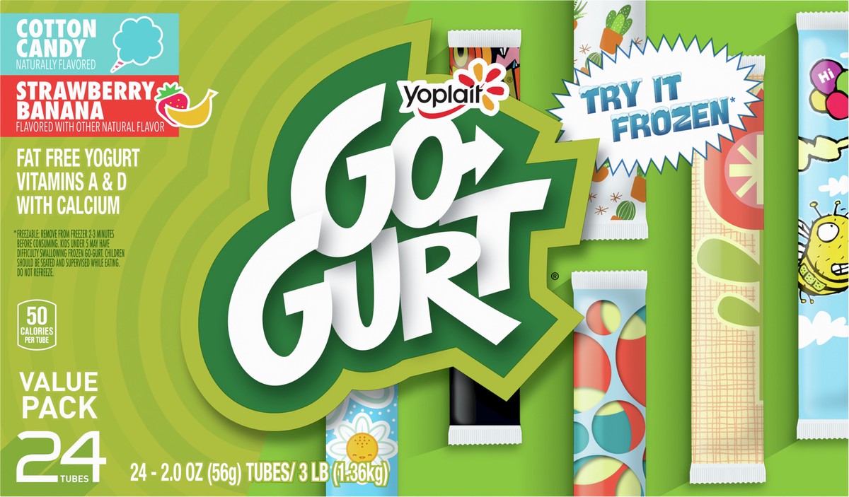 slide 11 of 11, Go-GURT Cotton Candy and Strawberry Banana Kids Fat Free Yogurt Variety Pack, Gluten Free, 2 oz. Yogurt Tubes (24 Count), 24 ct