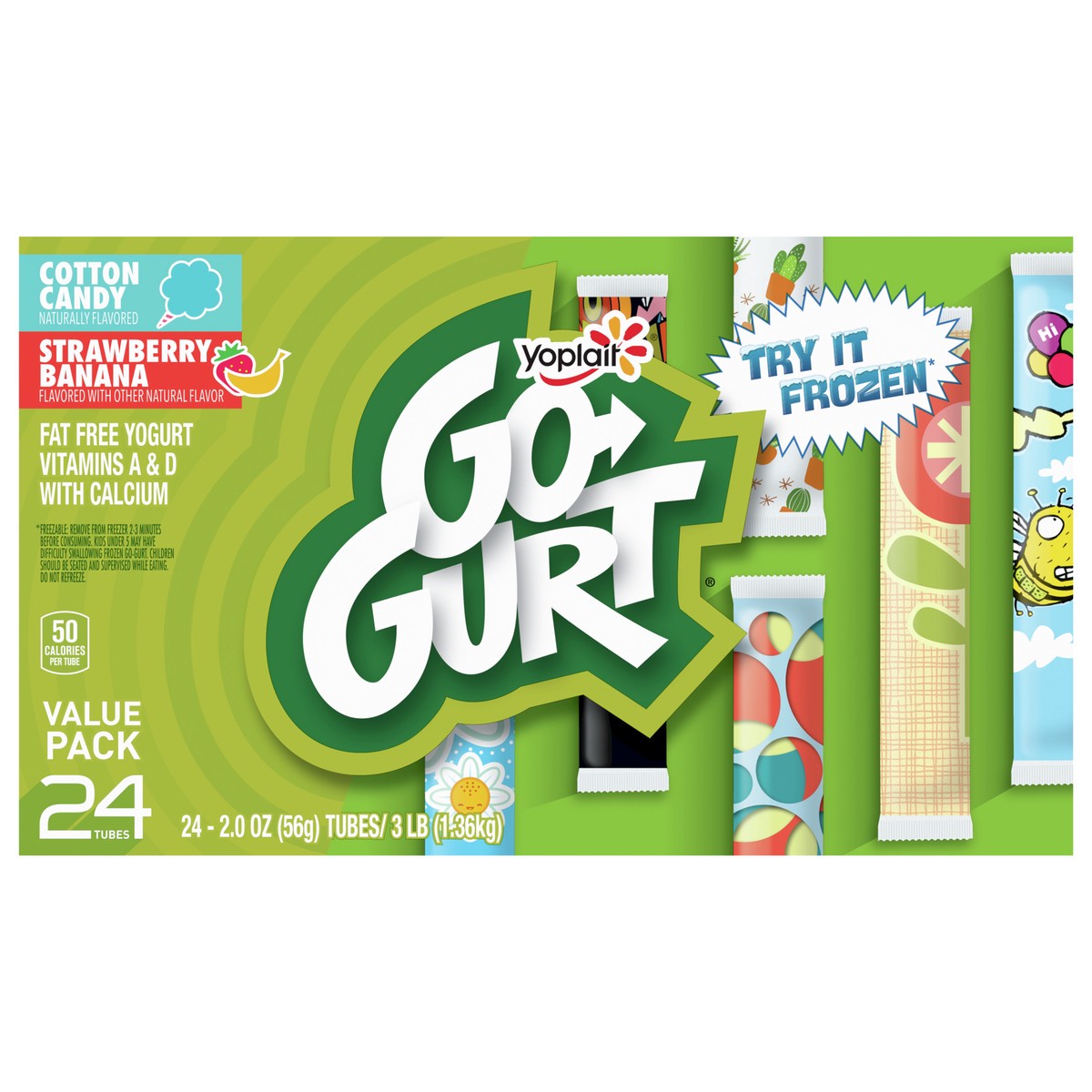 slide 10 of 11, Go-GURT Cotton Candy and Strawberry Banana Kids Fat Free Yogurt Variety Pack, Gluten Free, 2 oz. Yogurt Tubes (24 Count), 24 ct
