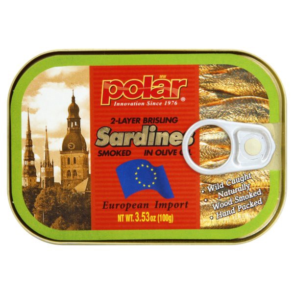 slide 1 of 1, Polar Sardines, 2-Layer Brisling, Smoked, In Olive, 3.53 oz