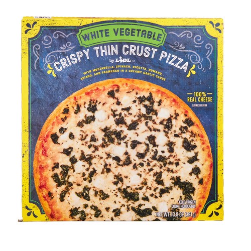 slide 1 of 1, frozen crispy thin crust pizza, white vegetable, 13.8 oz