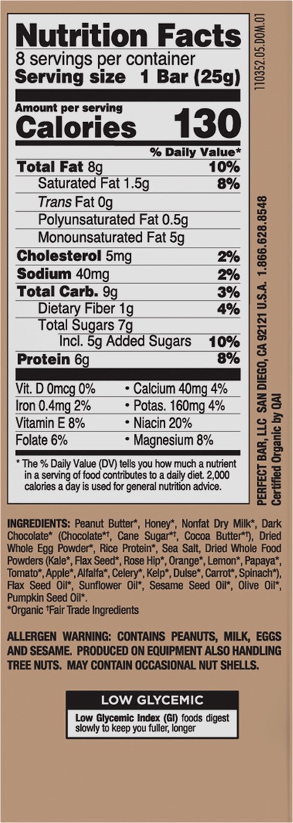 slide 7 of 9, Perfect Bar Mini Dark Chocolate Chip Peanut Butter Protein Bar, Organic, 8 count, .88 oz, 7 oz