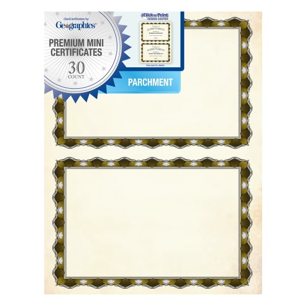 slide 1 of 1, Geographics Crown Gold Parchment Mini Certificates, 30 ct