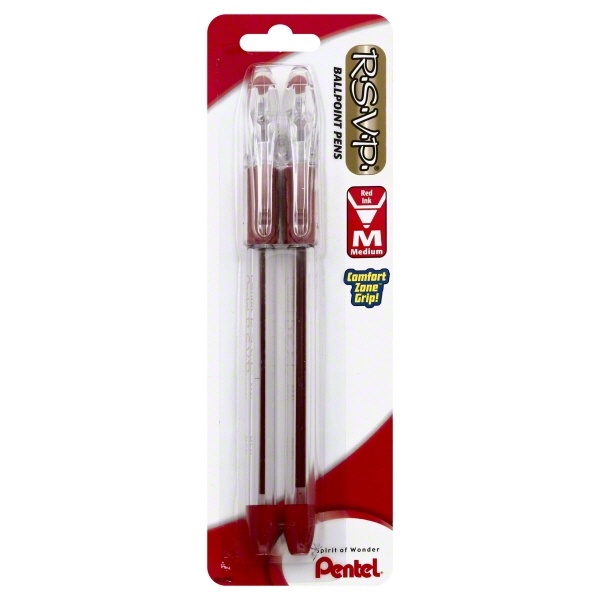 slide 1 of 1, Pentel RSVP Red Ball Point Pens Medium Tip, 2 ct