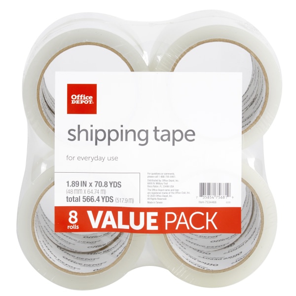 slide 1 of 3, Office Depot Brand Shipping Tape, 1-15/16'' X 70-13/16 Yd, Clear, Pack Of 8 Rolls, 8 ct