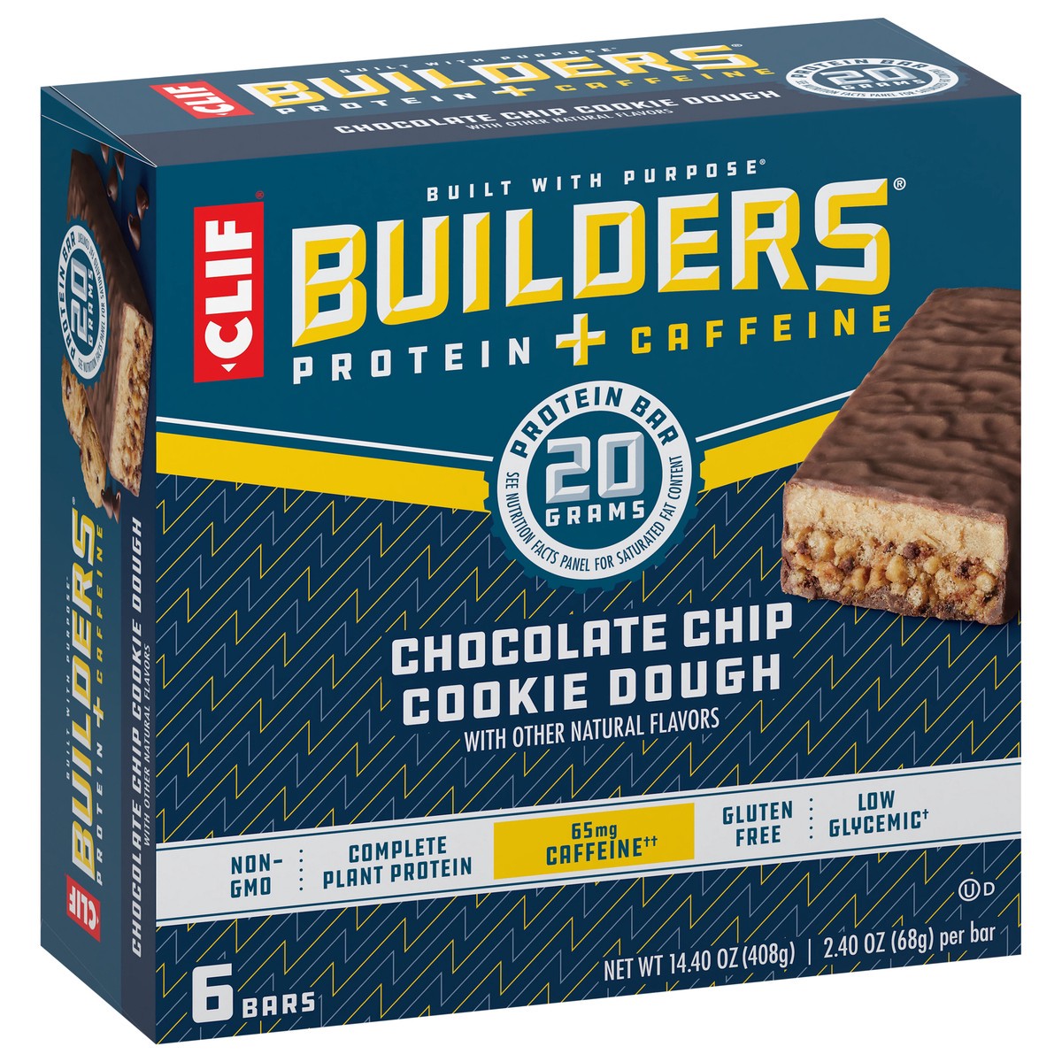 slide 5 of 9, CLIF Builders CLIF BUILDERS + Caffeine Protein Bars - Chocolate Chip Cookie Dough Flavor - 20g Plant Based Protein - Gluten Free - Non-GMO - Low Glycemic - No Artificial Sweeteners - 2.4 oz. (6 Pack), 14.4 oz