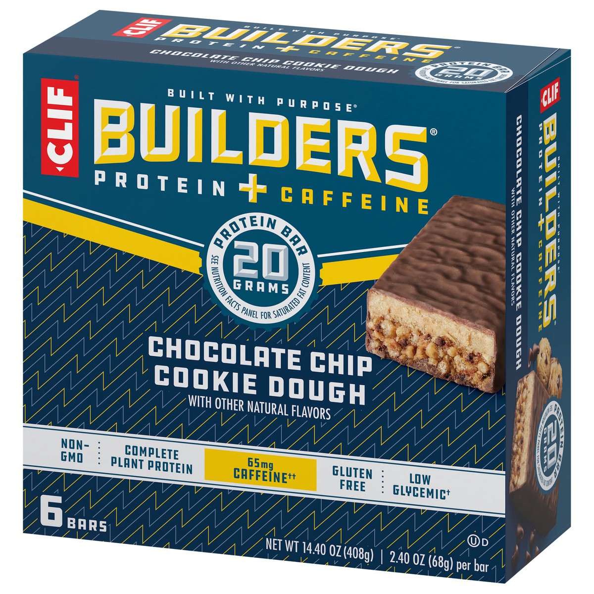 slide 8 of 9, CLIF Builders CLIF BUILDERS + Caffeine Protein Bars - Chocolate Chip Cookie Dough Flavor - 20g Plant Based Protein - Gluten Free - Non-GMO - Low Glycemic - No Artificial Sweeteners - 2.4 oz. (6 Pack), 14.4 oz