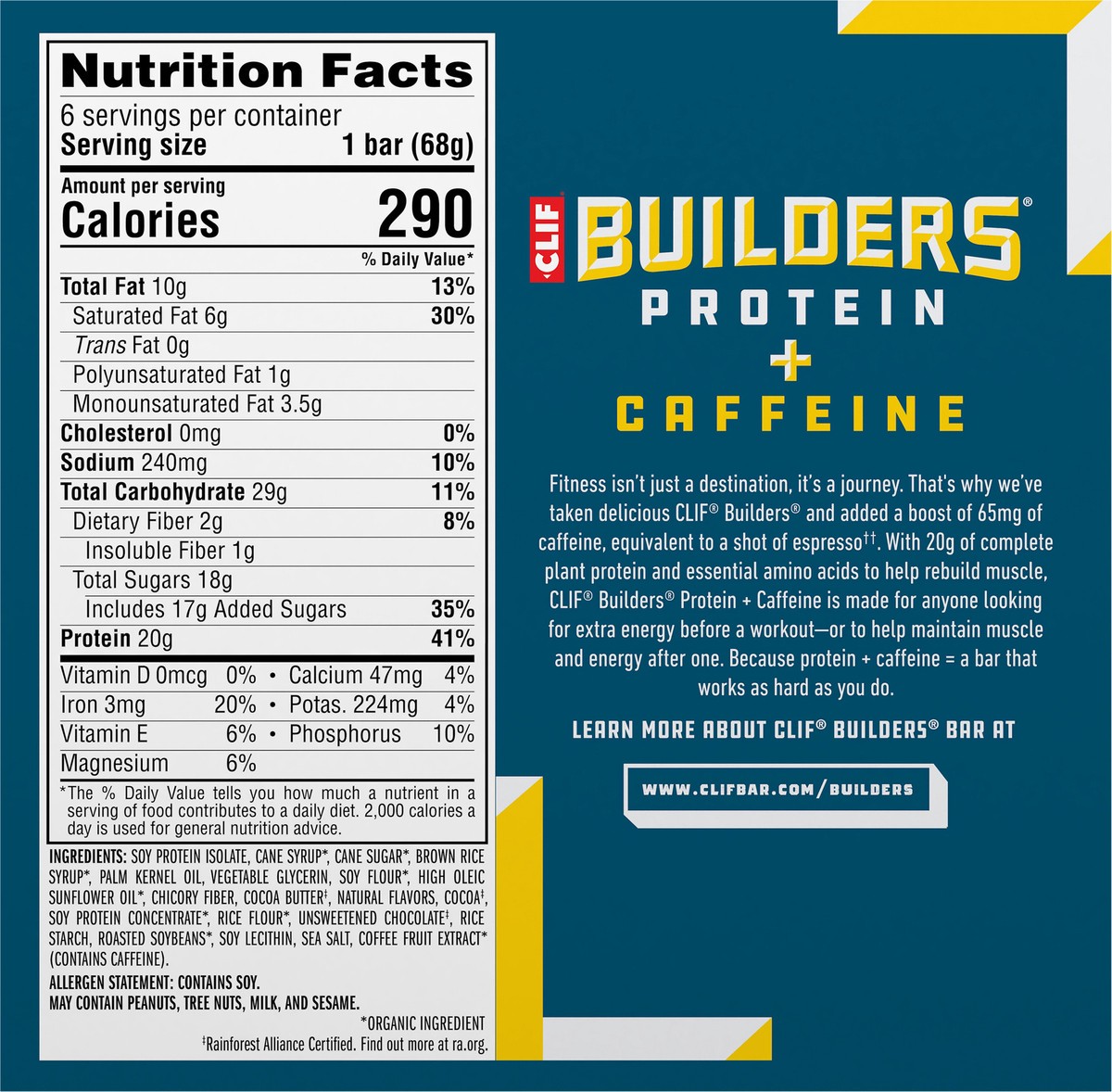 slide 9 of 9, CLIF Builders CLIF BUILDERS + Caffeine Protein Bars - Chocolate Chip Cookie Dough Flavor - 20g Plant Based Protein - Gluten Free - Non-GMO - Low Glycemic - No Artificial Sweeteners - 2.4 oz. (6 Pack), 14.4 oz