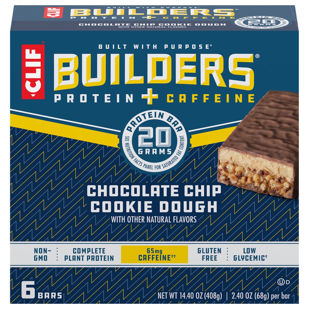 slide 1 of 9, CLIF Builders CLIF BUILDERS + Caffeine Protein Bars - Chocolate Chip Cookie Dough Flavor - 20g Plant Based Protein - Gluten Free - Non-GMO - Low Glycemic - No Artificial Sweeteners - 2.4 oz. (6 Pack), 14.4 oz