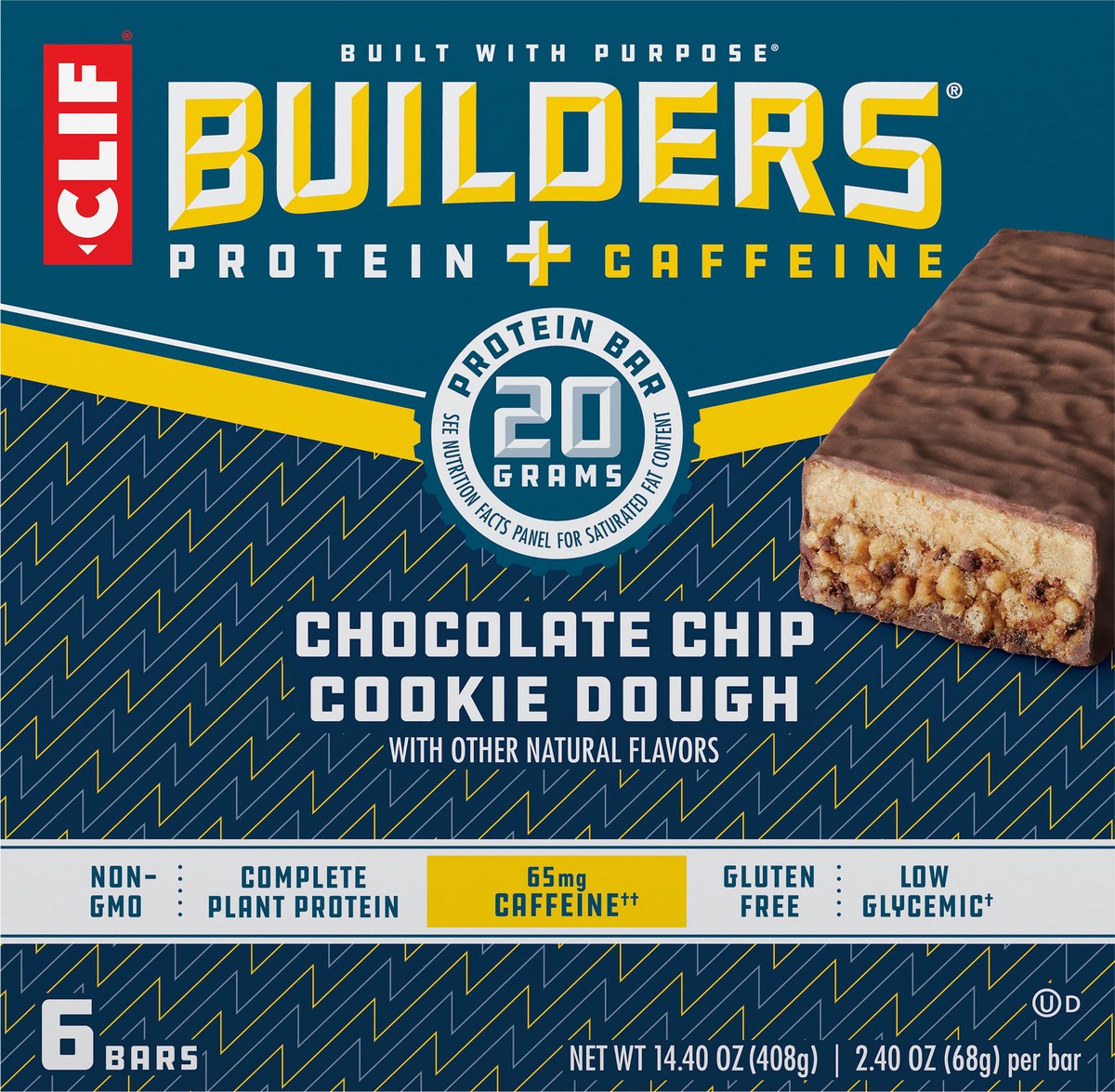 slide 6 of 9, CLIF Builders CLIF BUILDERS + Caffeine Protein Bars - Chocolate Chip Cookie Dough Flavor - 20g Plant Based Protein - Gluten Free - Non-GMO - Low Glycemic - No Artificial Sweeteners - 2.4 oz. (6 Pack), 14.4 oz