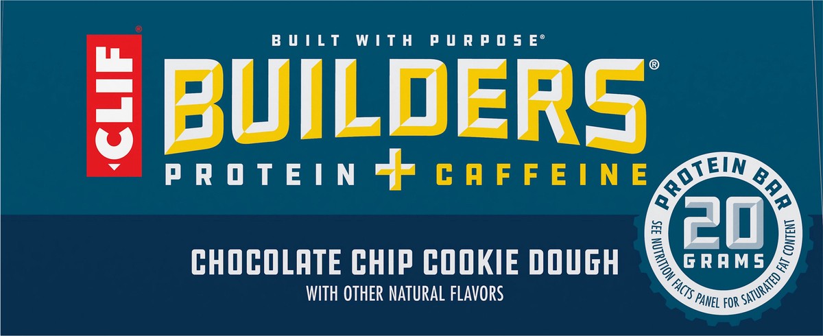 slide 4 of 9, CLIF Builders CLIF BUILDERS + Caffeine Protein Bars - Chocolate Chip Cookie Dough Flavor - 20g Plant Based Protein - Gluten Free - Non-GMO - Low Glycemic - No Artificial Sweeteners - 2.4 oz. (6 Pack), 14.4 oz