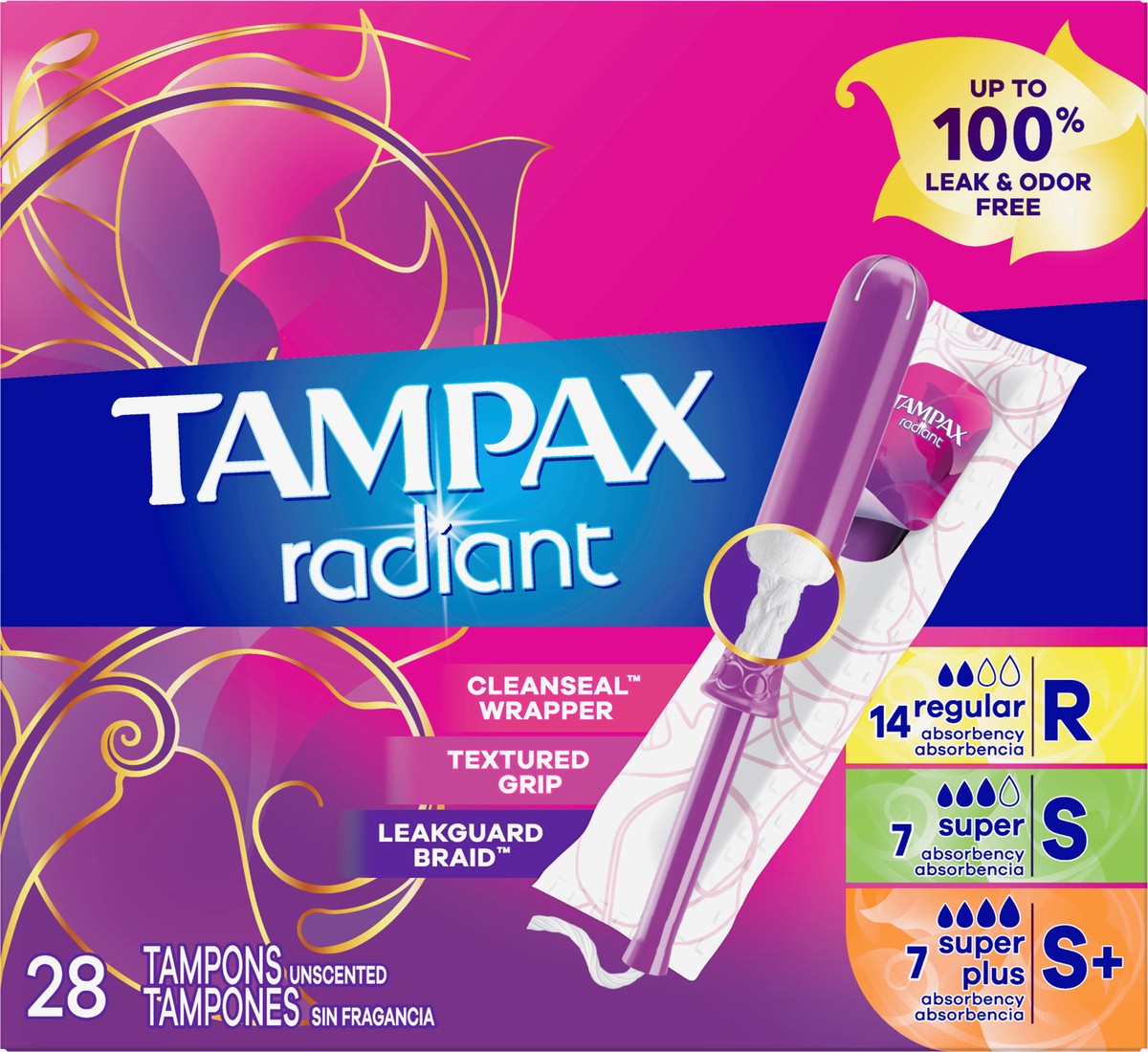 slide 2 of 2, Tampax Radiant Tampons Trio Pack, Regular/Super/Super Plus Absorbency with BPA-Free Plastic Applicator and LeakGuard Braid, Unscented, 28 Count, 28 ct
