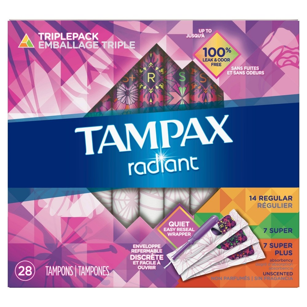 slide 3 of 4, Tampax Radiant Triple Pack Regular, Super, Super Plus Absorbency Unscented Tampons, 32 ct