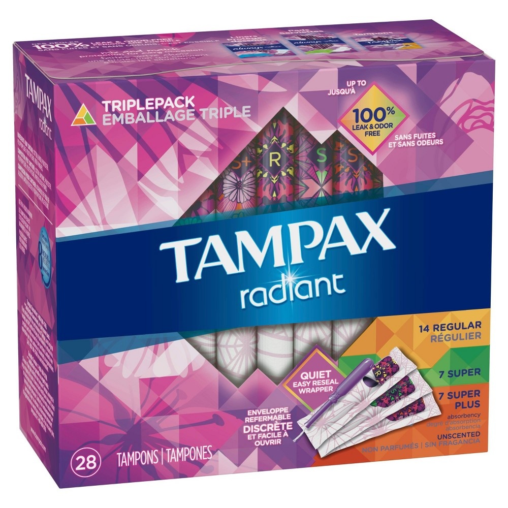 slide 4 of 4, Tampax Radiant Triple Pack Regular, Super, Super Plus Absorbency Unscented Tampons, 32 ct