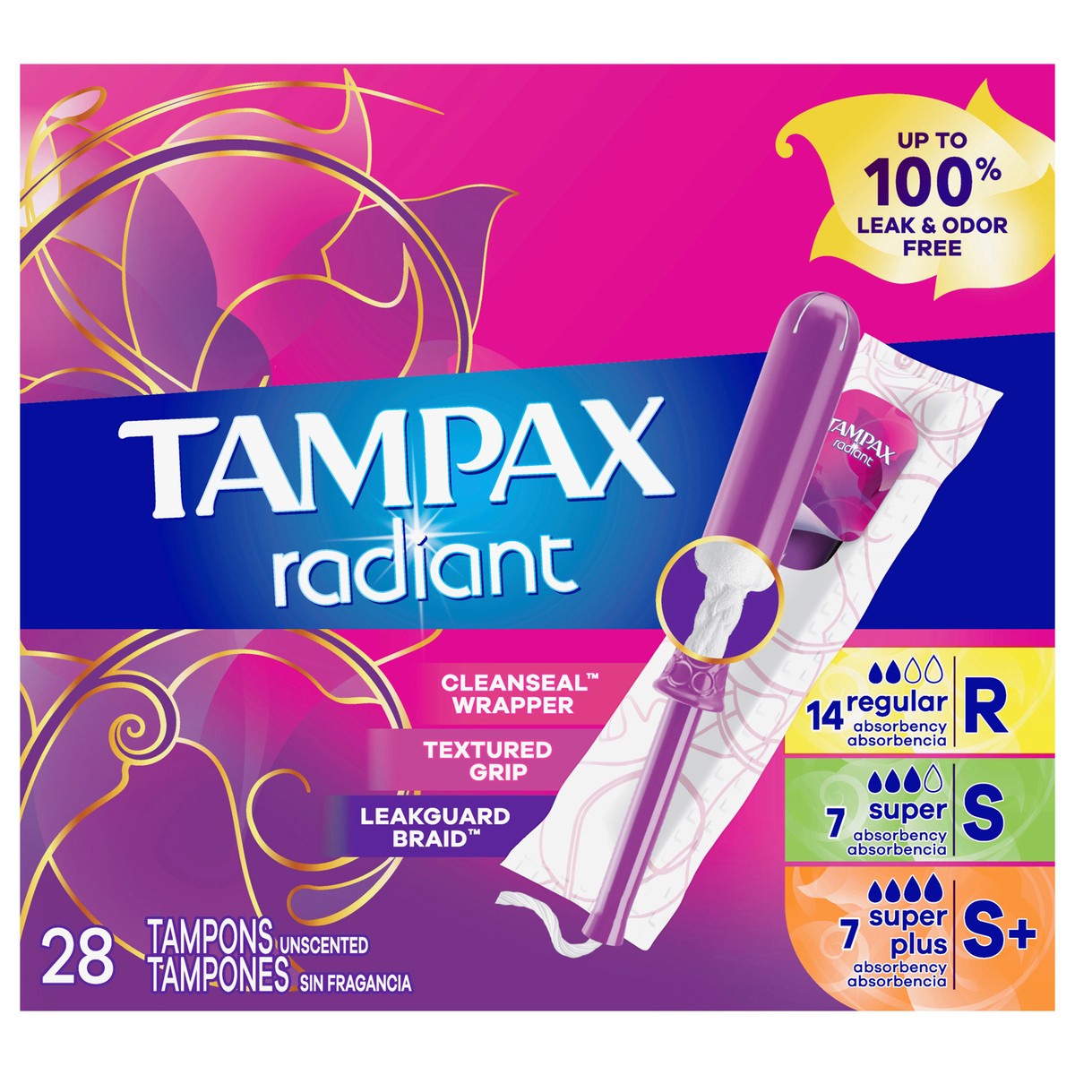 slide 1 of 2, Tampax Radiant Tampons Trio Pack, Regular/Super/Super Plus Absorbency with BPA-Free Plastic Applicator and LeakGuard Braid, Unscented, 28 Count, 28 ct