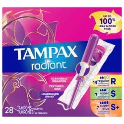 Tampax Radiant Tampons Trio Pack, Regular/Super/Super Plus Absorbency with BPA-Free Plastic Applicator and LeakGuard Braid, Unscented, 28 Count