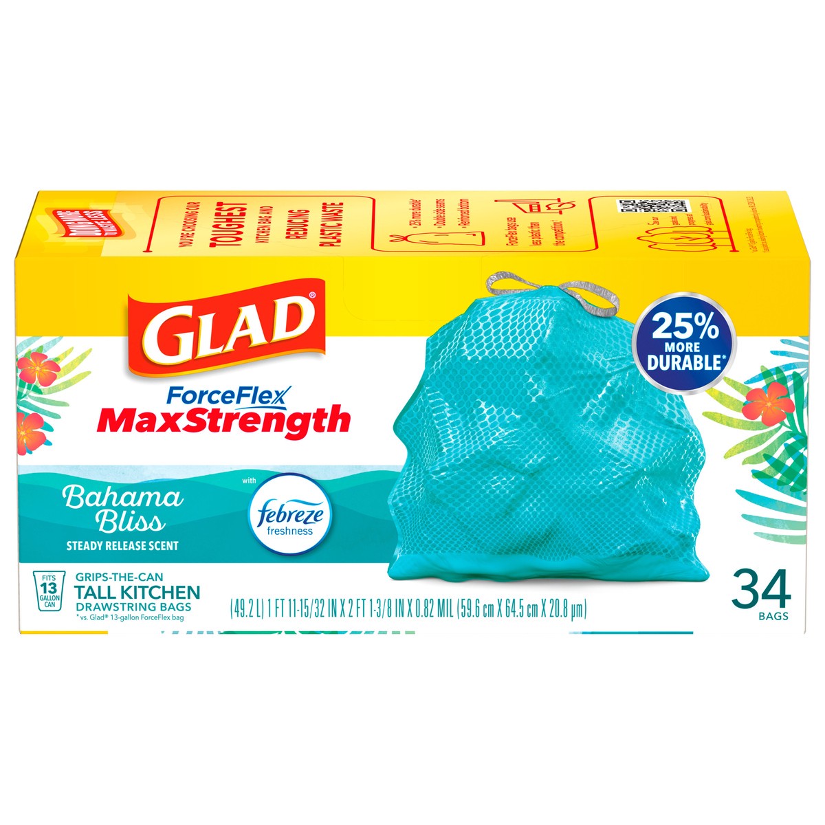 slide 1 of 5, Glad ForceFlex MaxStrength Tall Kitchen Drawstring Trash Bags, 13 Gallon, Bahama Bliss with Febreze Freshness, 34 Bags, 34 ct