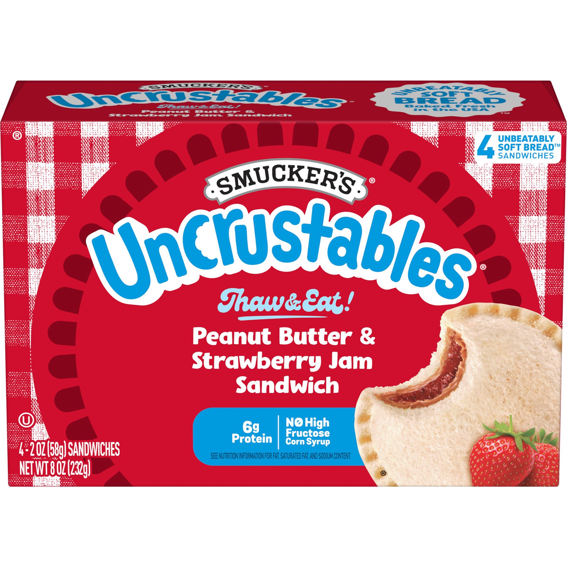 slide 1 of 4, Smucker's Uncrustables Peanut Butter & Strawberry Jam Sandwiches 4 ea, 4 ct; 2 oz