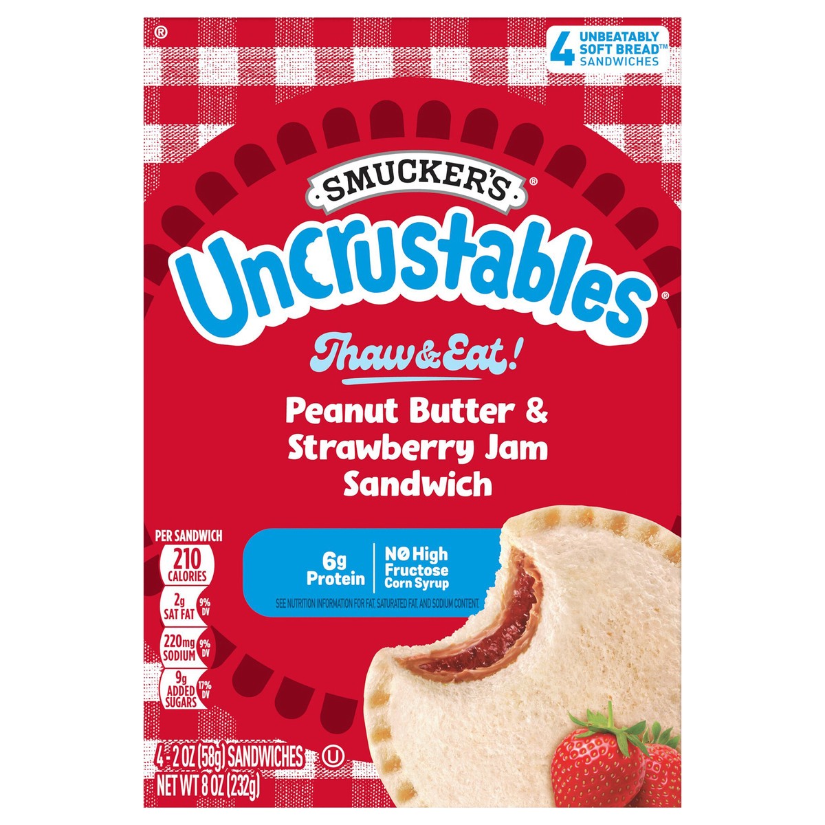 slide 1 of 4, Smucker's Uncrustables Peanut Butter & Strawberry Jam Sandwiches, 2 oz, 4 count (Frozen), 4 ct; 2 oz