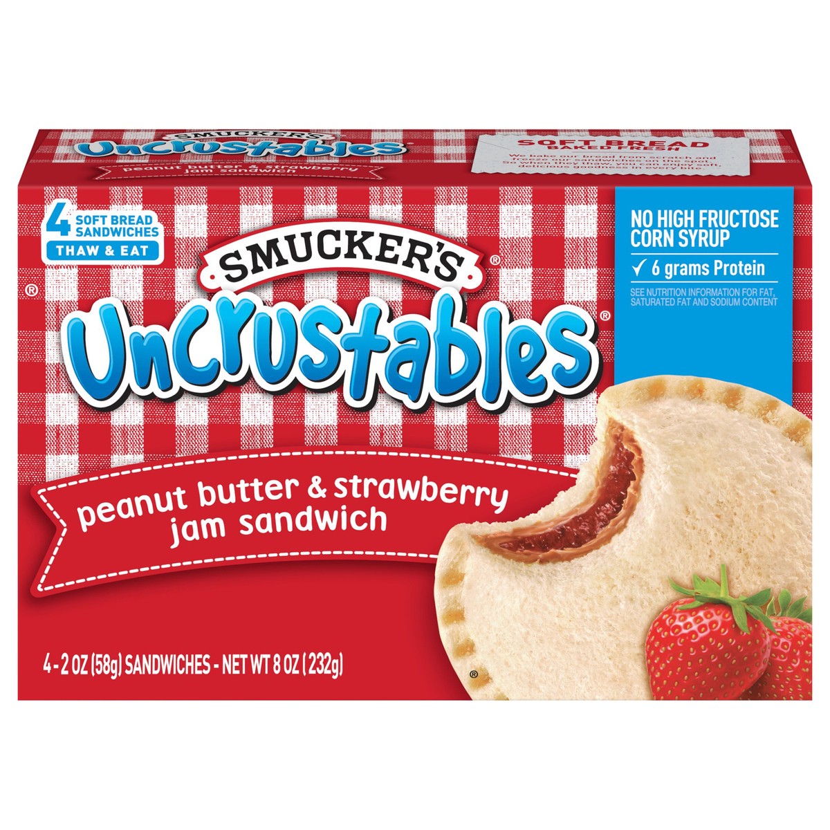 slide 1 of 4, Smucker's Uncrustables Peanut Butter & Strawberry Jam Sandwiches 4 ea, 4 ct; 2 oz