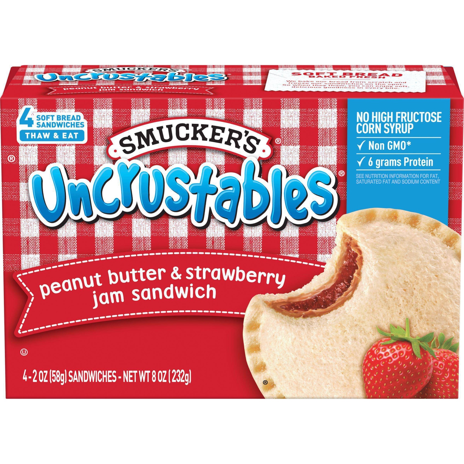 slide 1 of 1, Smucker's Uncrustables Peanut Butter & Strawberry Jam Sandwich, 4 ct; 2 oz