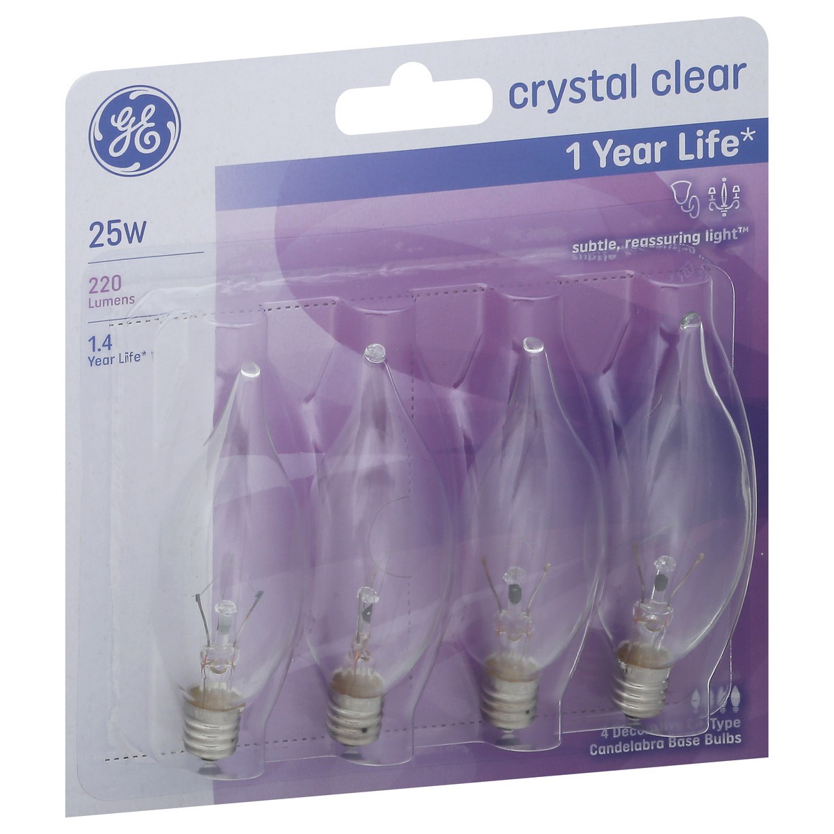slide 2 of 9, GE Crystal Clear 25-Watt Bent Tip Candelabra Base Light Bulbs, 4 ct