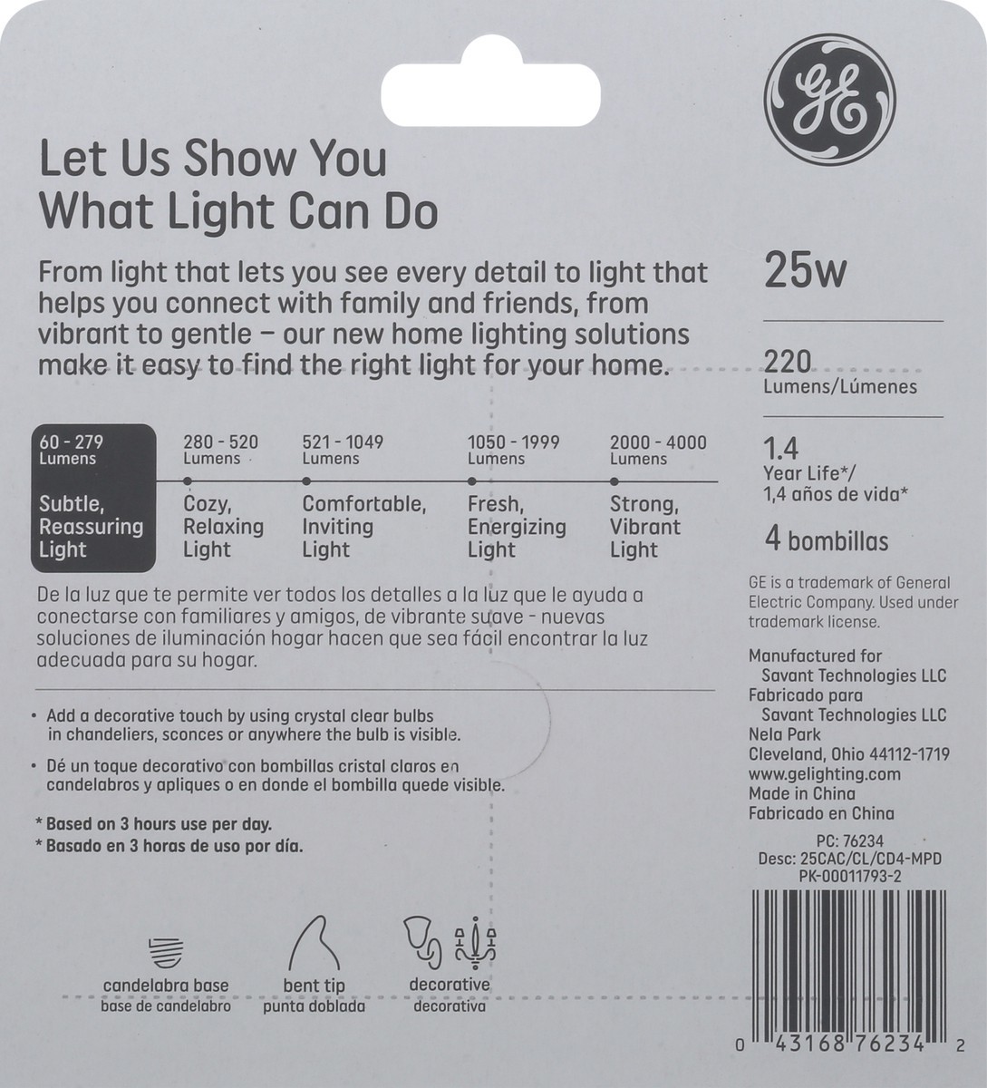 slide 5 of 9, GE Crystal Clear 25-Watt Bent Tip Candelabra Base Light Bulbs, 4 ct