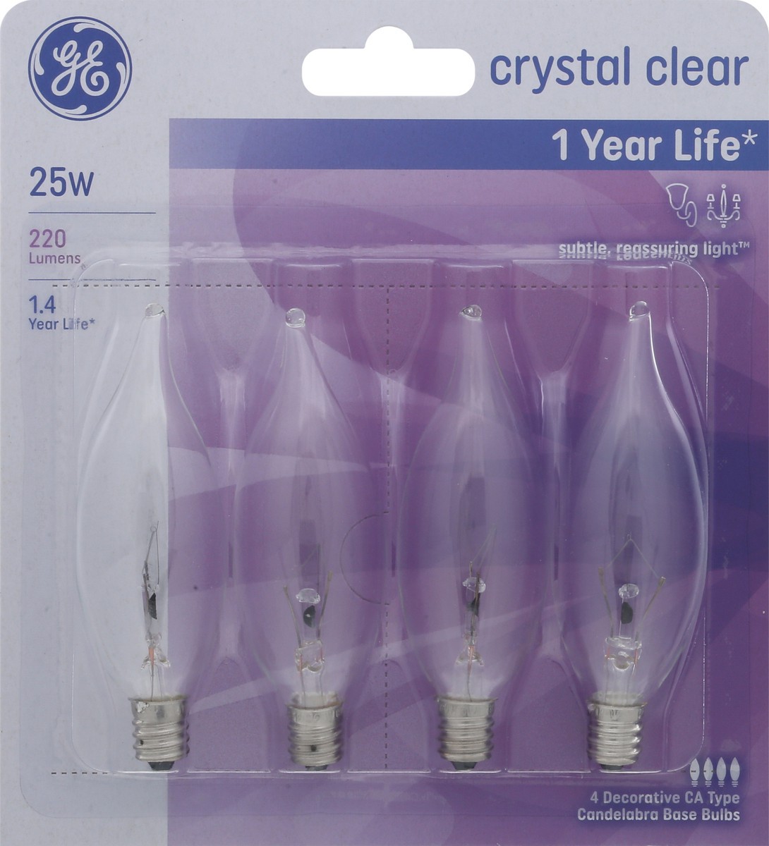 slide 6 of 9, GE Crystal Clear 25-Watt Bent Tip Candelabra Base Light Bulbs, 4 ct