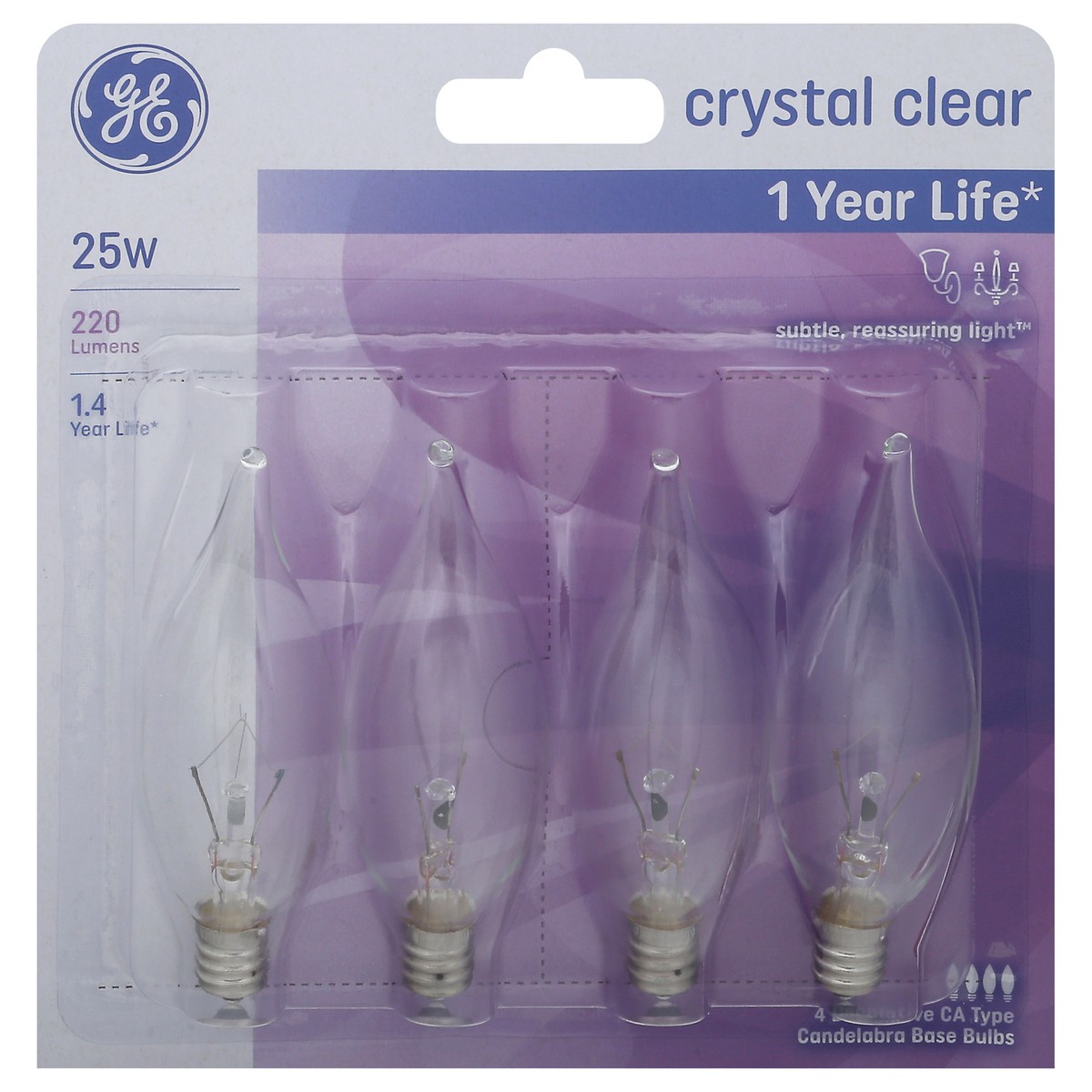 slide 1 of 9, GE Crystal Clear 25-Watt Bent Tip Candelabra Base Light Bulbs, 4 ct