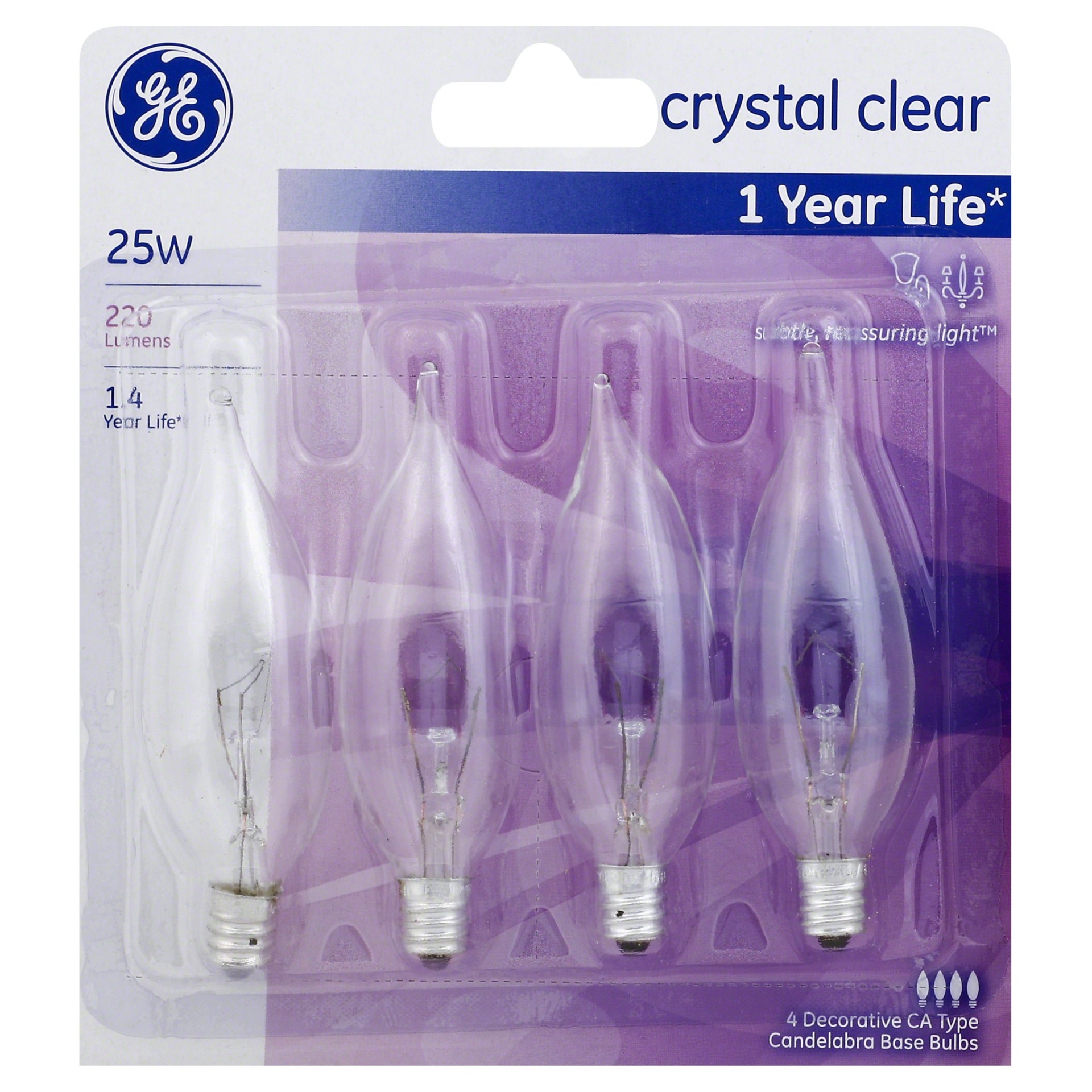 slide 1 of 1, GE Crystal Clear 25-Watt Bent Tip Candelabra Base Light Bulbs, 4 ct