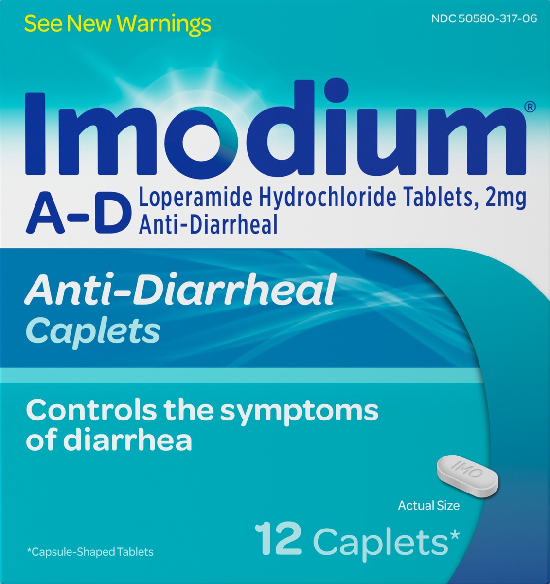 slide 4 of 9, Imodium A-D Diarrhea Relief Caplets with Loperamide Hydrochloride, Anti-Diarrheal Medicine to Help Control Symptoms of Diarrhea Due to Acute, Active & Traveler's Diarrhea, 12 ct., 12 ct