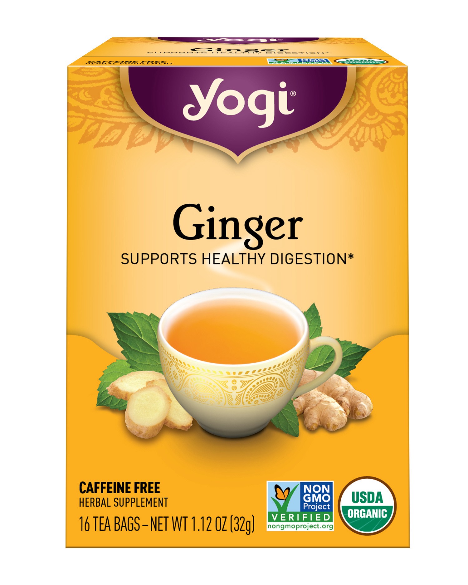 slide 3 of 5, Yogi Tea Ginger, Caffeine-Free Organic Herbal Tea Bags, 16 Count, 16 ct