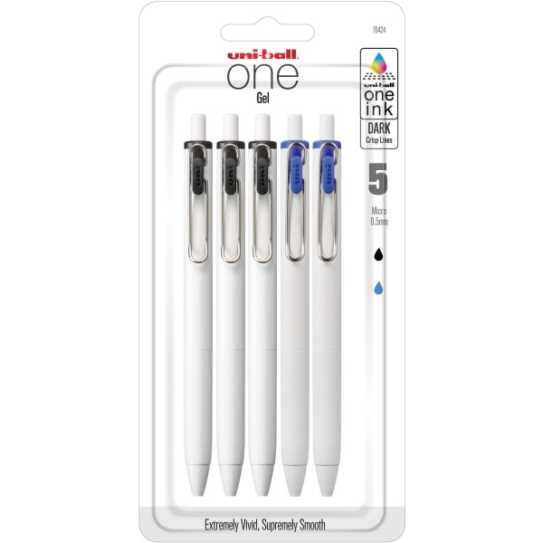slide 1 of 1, uni-ball One Retractable Gel Pens, Micro Point, White Barrel, Black/Blue Ink, Pack Of 5 Pens, 5 ct