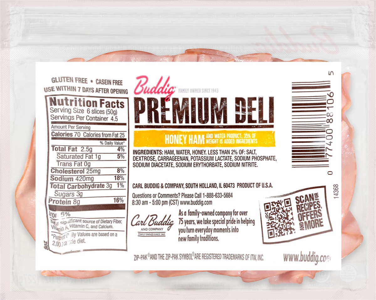 slide 5 of 6, Buddig Premium Deli Honey Ham 8 oz. ZIP-PAK, 