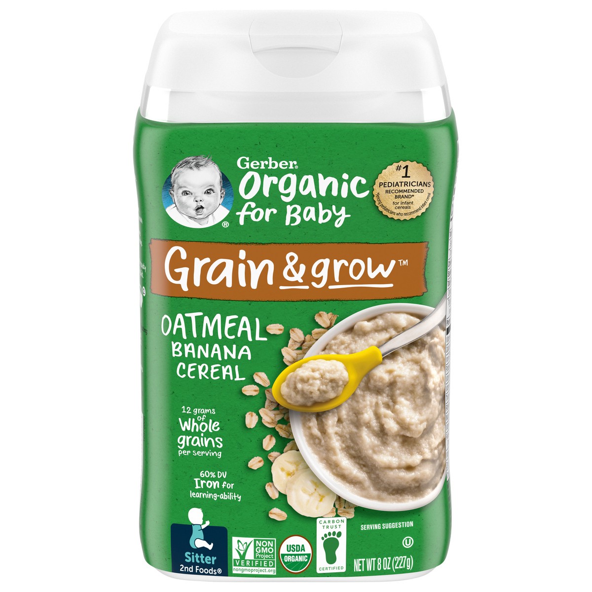 slide 1 of 5, Gerber 2nd Foods Organic for Baby Grain & Grow Oatmeal Banana Cereal 8 oz Cereal Canister, 8 oz