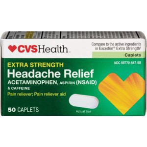 slide 1 of 1, CVS Health Extra Strength Headache Relief Acetaminophen, Aspirin (Nsaid) & Caffeine Caplets, 50 Ct, 1 ct