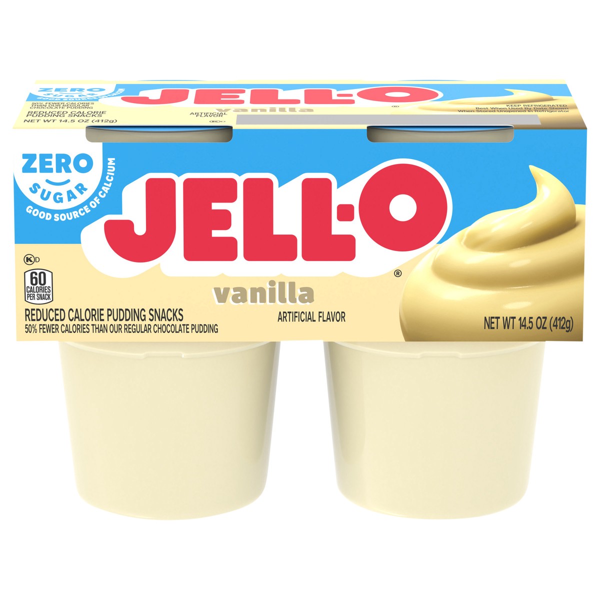 slide 1 of 5, Jell-O Vanilla Artificially Flavored Zero Sugar Ready-to-Eat Pudding Snack Cups, 4 ct Cups, 14.5 oz