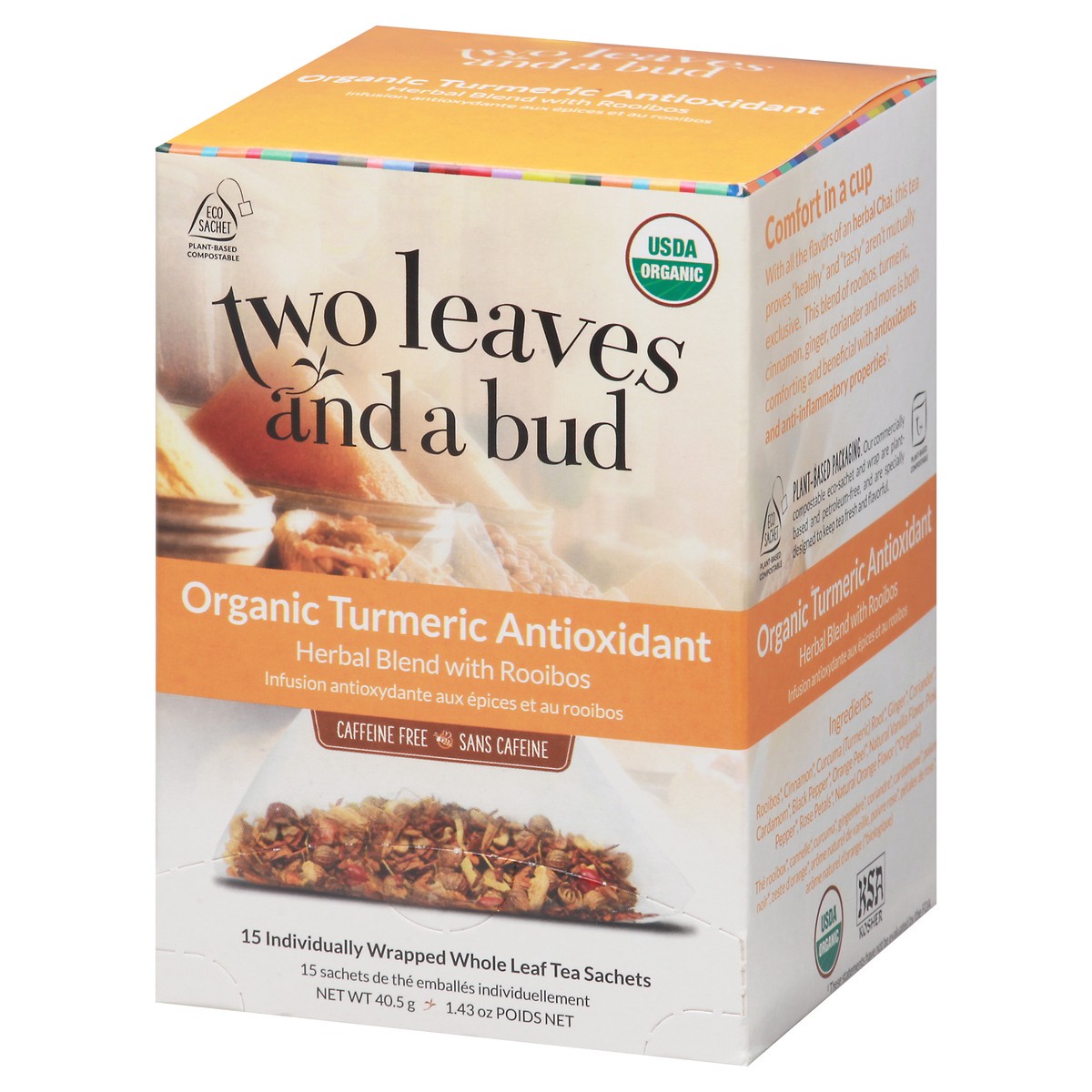 slide 10 of 12, Two Leaves and a Bud Tea Sachets Herbal Blend with Rooibos Organic Turmeric Antioxidant Tea 15 ea, 15 ct