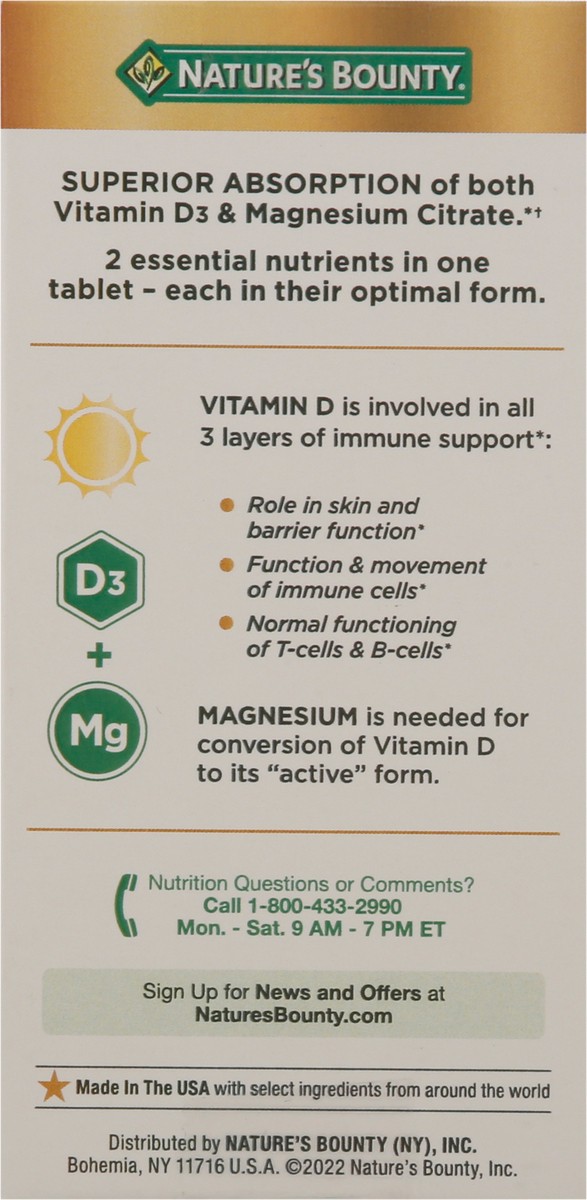 slide 4 of 10, Nature's Bounty Nature''s Bounty Advanced Vitamin D3 with Magnesium Citrate, Immune and Bone Supplement Tablets, 6300 IU + 100mg, 90 ct
