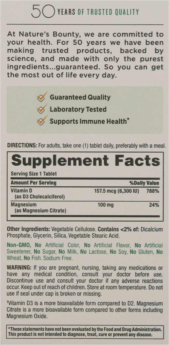 slide 9 of 10, Nature's Bounty Nature''s Bounty Advanced Vitamin D3 with Magnesium Citrate, Immune and Bone Supplement Tablets, 6300 IU + 100mg, 90 ct