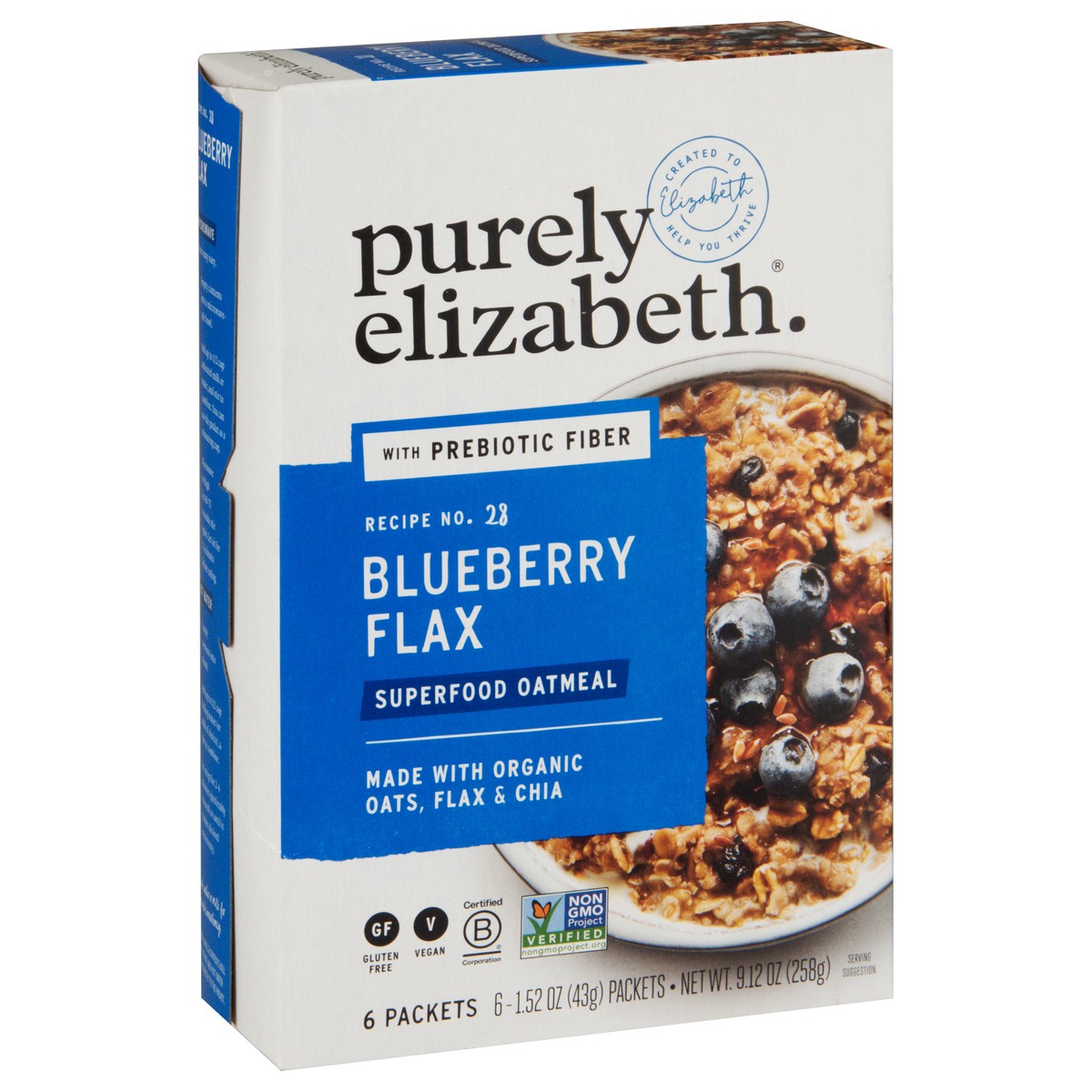 slide 7 of 9, Purely Elizabeth Recipe No. 28 Blueberry Flax Superfood Oatmeal with Prebiotic Fiber 6 - 1.52 oz Packets, 6 ct