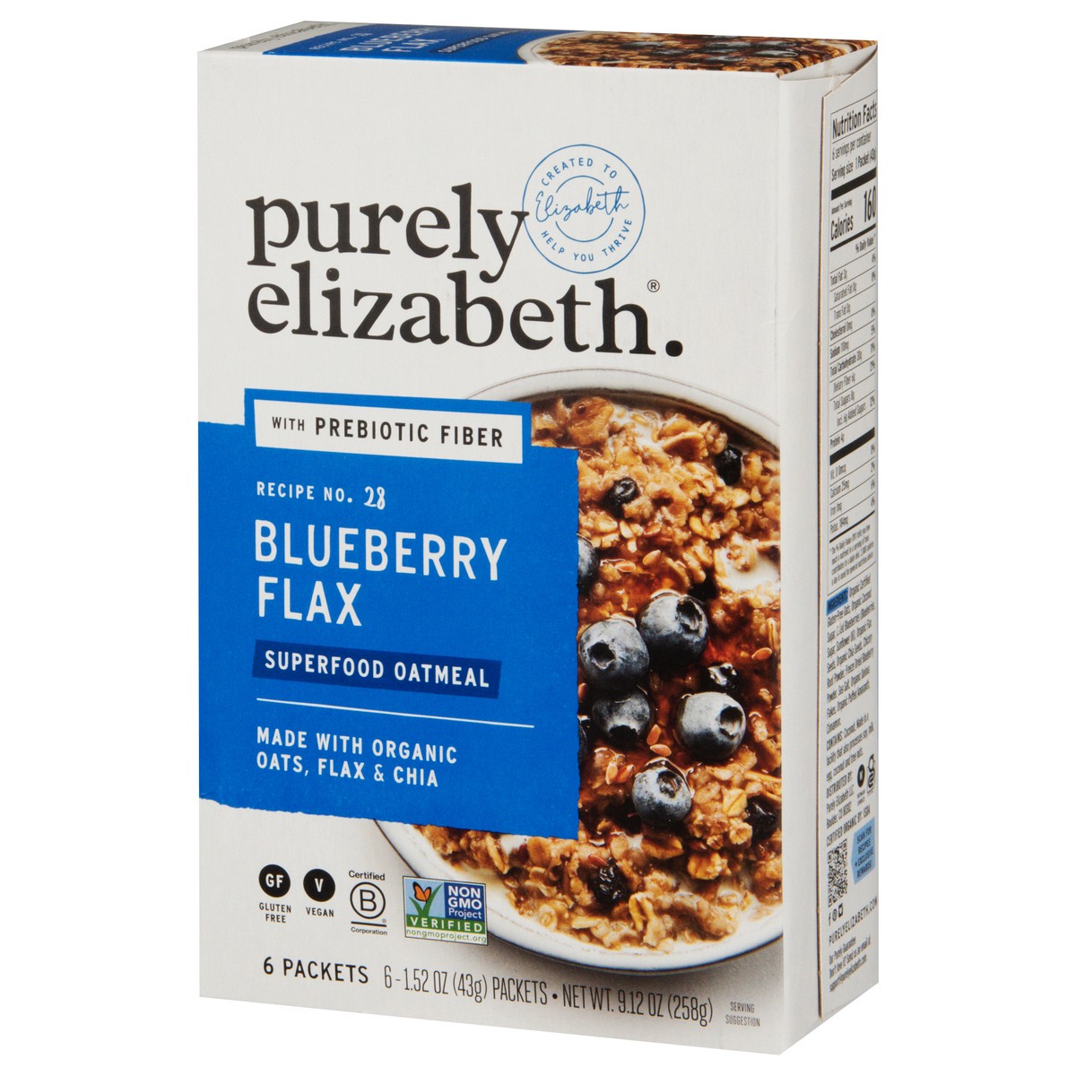 slide 4 of 9, Purely Elizabeth Recipe No. 28 Blueberry Flax Superfood Oatmeal with Prebiotic Fiber 6 - 1.52 oz Packets, 6 ct