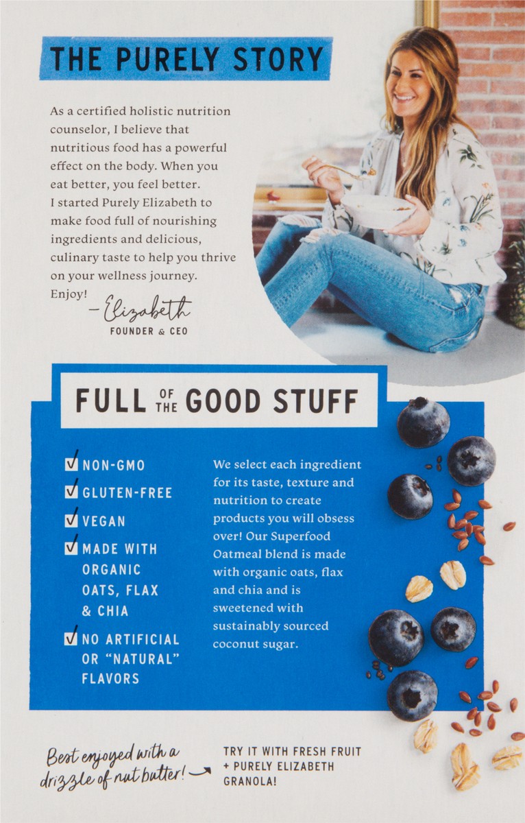 slide 2 of 9, Purely Elizabeth Recipe No. 28 Blueberry Flax Superfood Oatmeal with Prebiotic Fiber 6 - 1.52 oz Packets, 6 ct