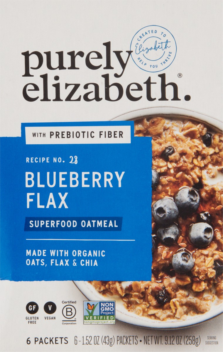 slide 8 of 9, Purely Elizabeth Recipe No. 28 Blueberry Flax Superfood Oatmeal with Prebiotic Fiber 6 - 1.52 oz Packets, 6 ct