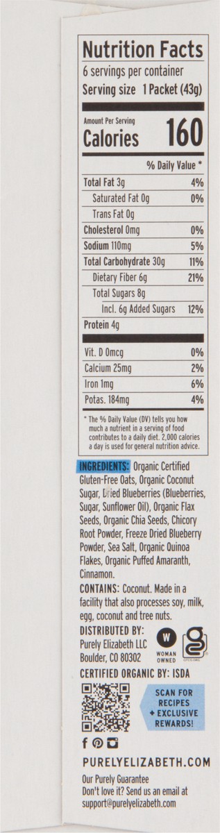 slide 9 of 9, Purely Elizabeth Recipe No. 28 Blueberry Flax Superfood Oatmeal with Prebiotic Fiber 6 - 1.52 oz Packets, 6 ct