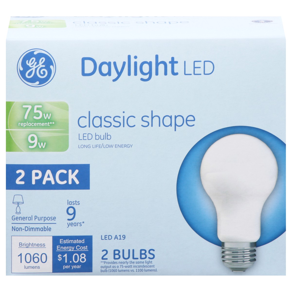 slide 1 of 1, Ge Lighting Lights Bulb, Led, Daylight, Classic Shape, 9 Watts, 2 Pack, 2 ct