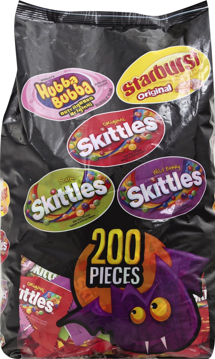 slide 9 of 10, Wrigley's Skittles, Starburst, and Hubba Bubba Gum Halloween Candy Bag, 200 Fun Size Pieces, 82.98 ounces, 82.98 oz