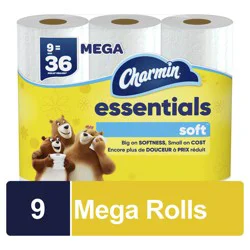 Charmin Essentials Soft Toilet Paper 9 Mega Rolls, 330 sheets per roll