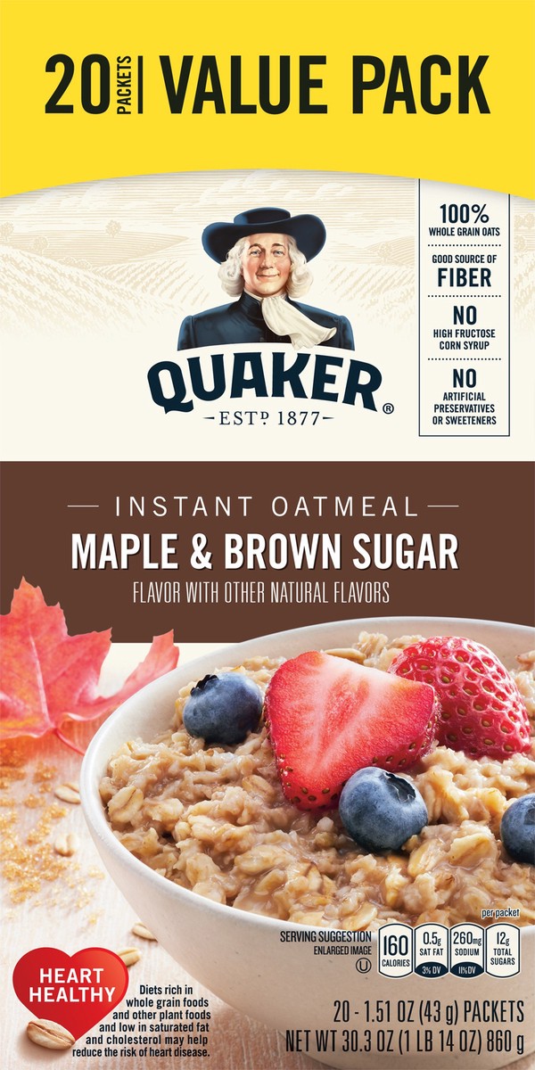 slide 7 of 7, Quaker Oatmeal, Instant, Maple & Brown Sugar, Value Pack, 20 ct